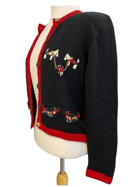 Vintage Black & Red Button-Up Embroidered Dog Cardigan Sweater Womens Size Small